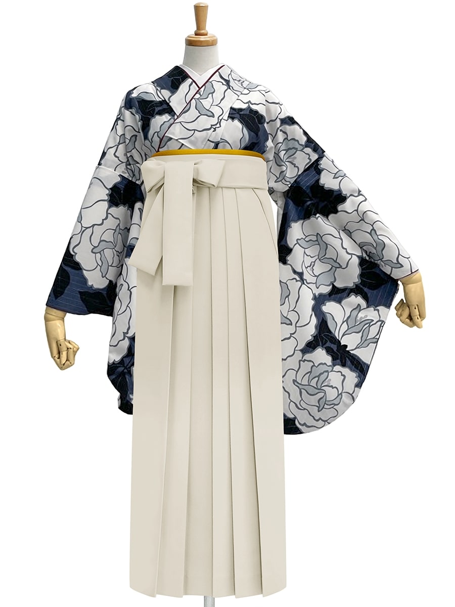 【レンタル商品】レンタル袴「【M0084】バラ・紺」|アイボリー