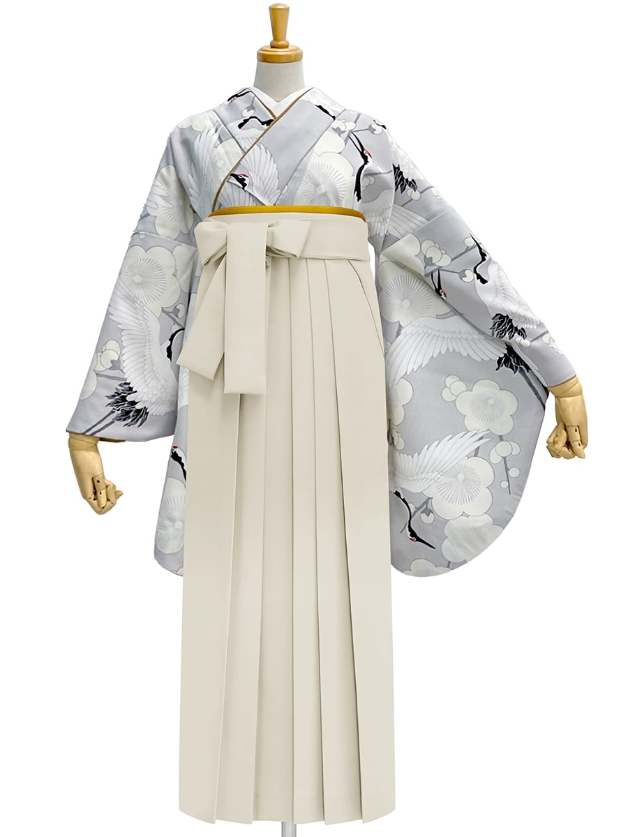 【レンタル商品】レンタル袴「【M0085】梅鶴・グレー」|アイボリー