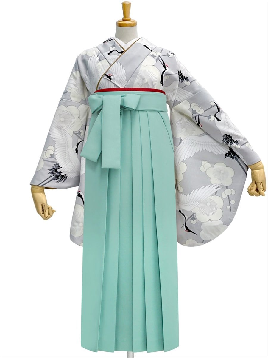 【レンタル商品】レンタル袴「【M0085】梅鶴・グレー」|ライトグリーン