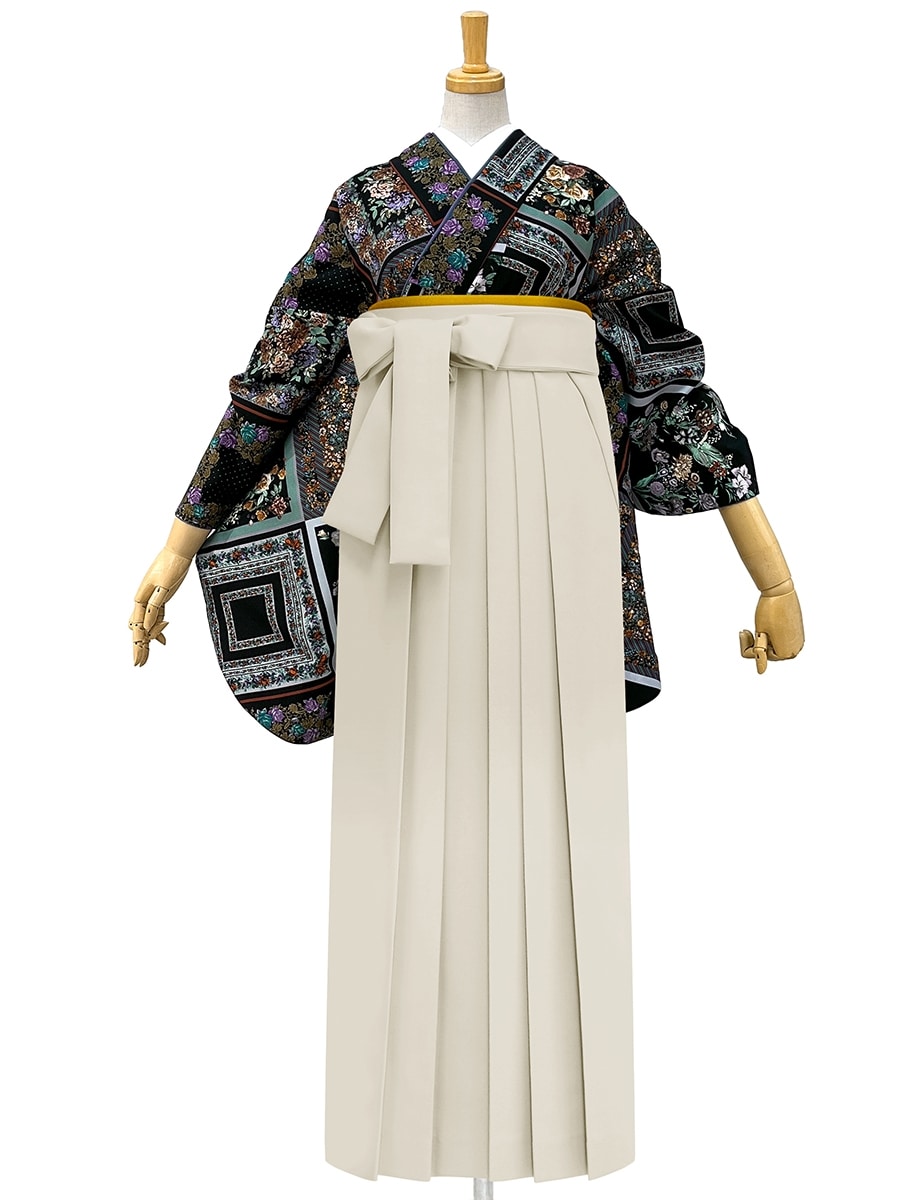 【レンタル商品】レンタル袴「【M2012】スカーフローズ・黒」|アイボリー