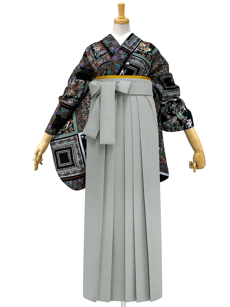【レンタル商品】レンタル袴「【M2012】スカーフローズ・黒」|グレー