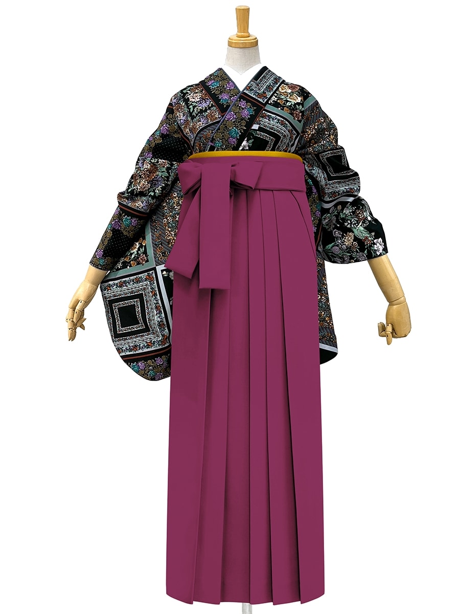 【レンタル商品】レンタル袴「【M2012】スカーフローズ・黒」|ダークレッド