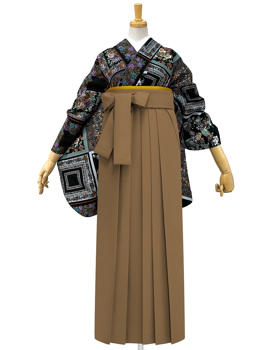 【レンタル商品】レンタル袴「【M2012】スカーフローズ・黒」|ブラウン