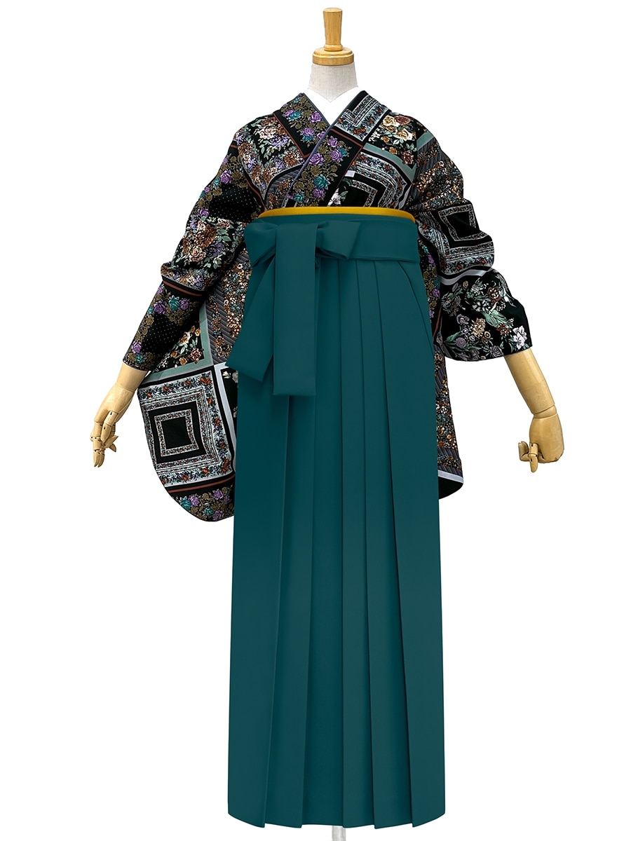 【レンタル商品】レンタル袴「【M2012】スカーフローズ・黒」|グリーン