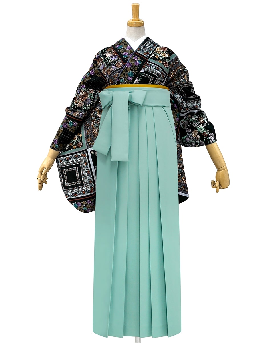 【レンタル商品】レンタル袴「【M2012】スカーフローズ・黒」|ライトグリーン