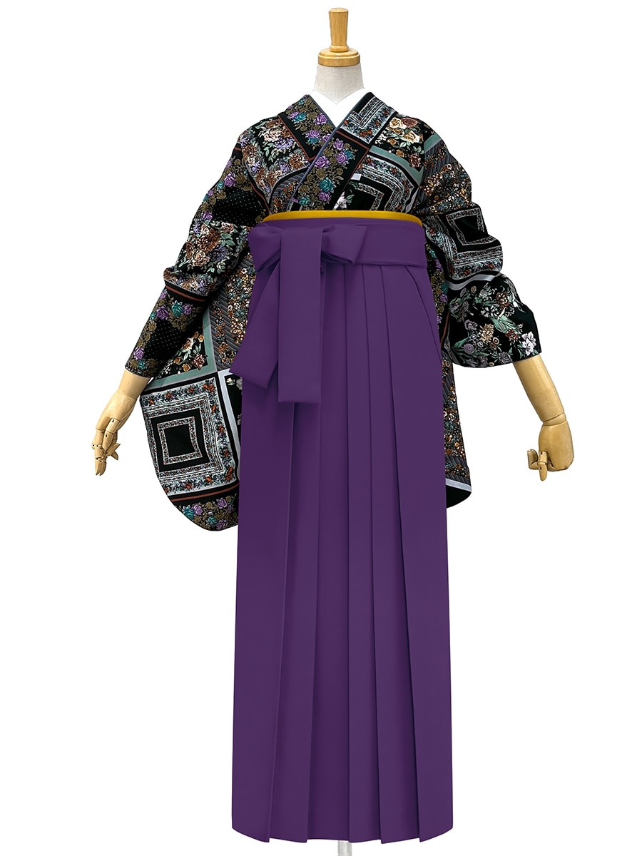 【レンタル商品】レンタル袴「【M2012】スカーフローズ・黒」|パープル