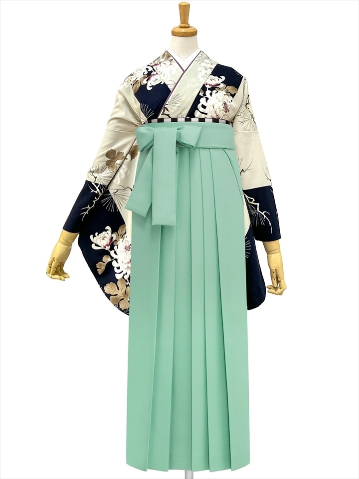【レンタル商品】レンタル袴「【M0110】 昼夜菊松・紺」|ライトグリーン
