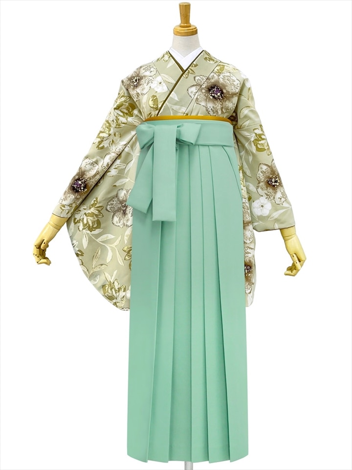 【レンタル商品】レンタル袴「【M0101】 レース花・ベージュ」|ライトグリーン