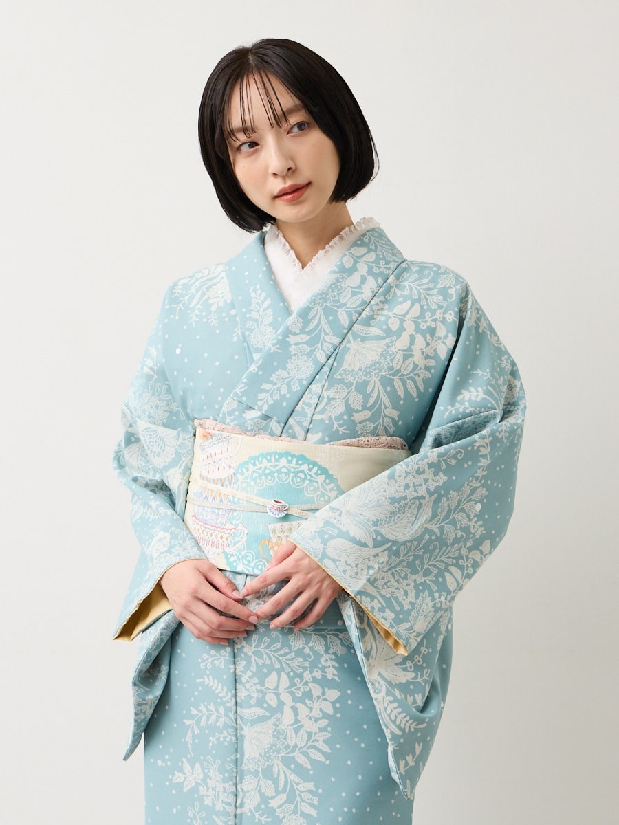 小紋単品「 フラワーレース箔」|ブルーグレー