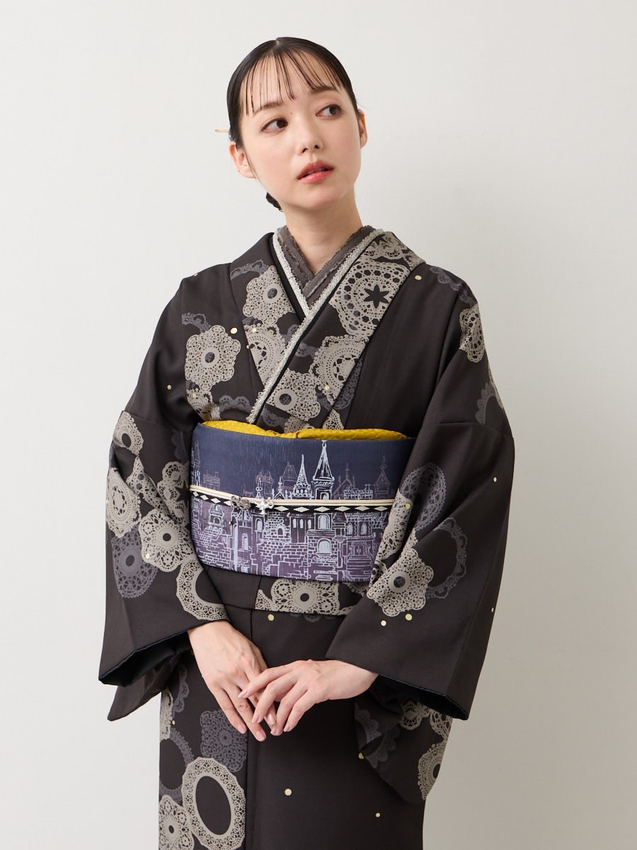 小紋単品「 サークルレース箔」|チャコールグレー