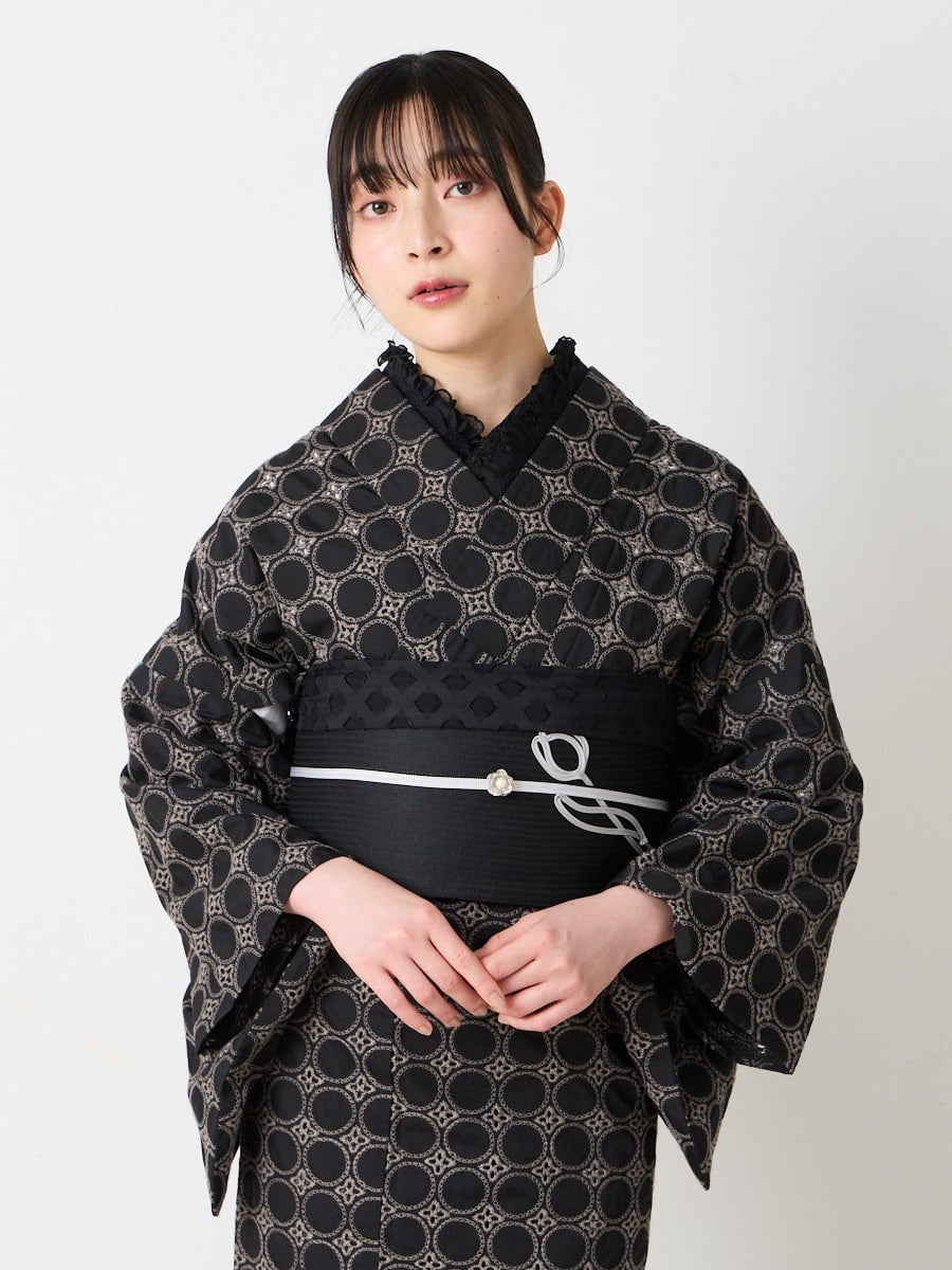 小紋単品　「リング柄刺繍単衣」|ブラック