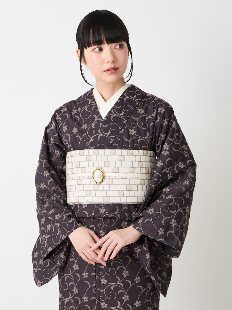 小紋単品　「蔦花柄刺繍単衣」|ブラウン