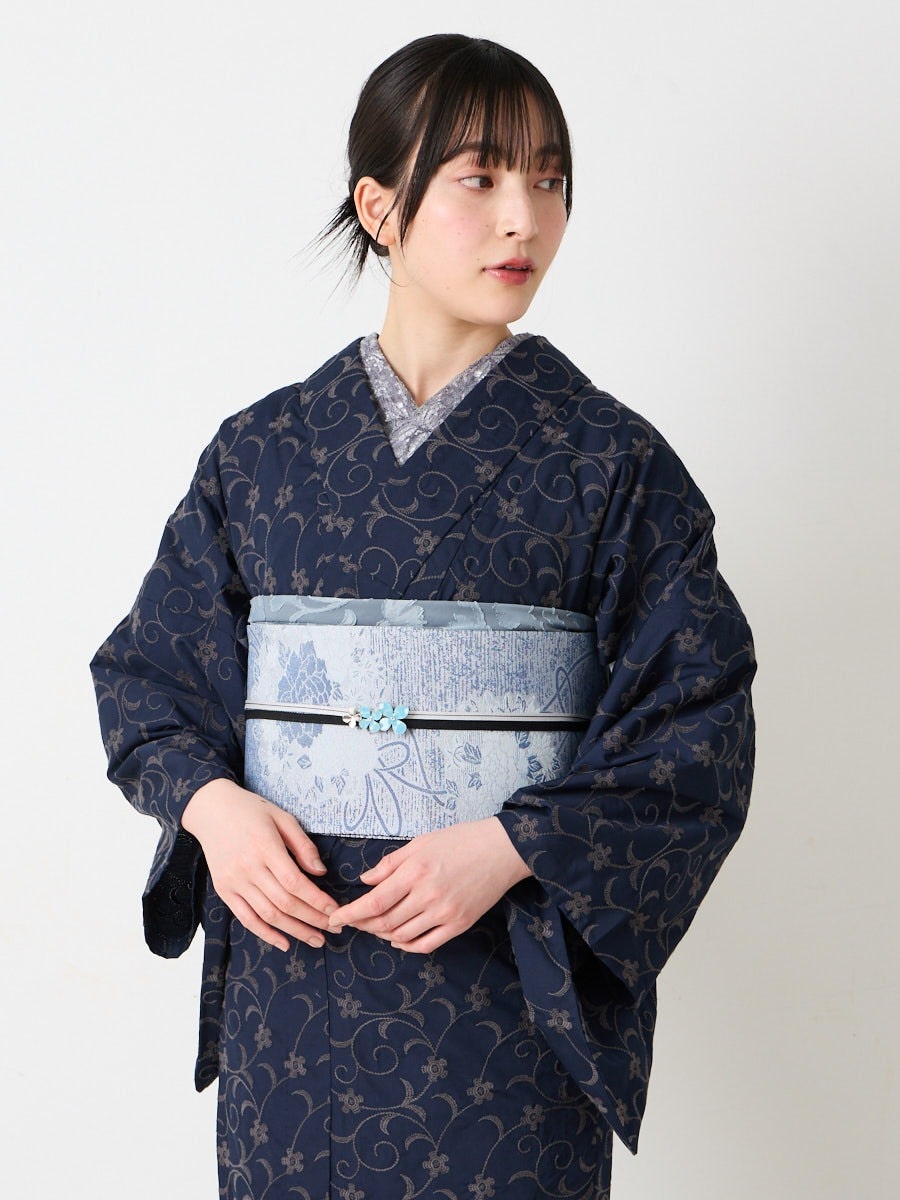 小紋単品　「蔦花柄刺繍単衣」|ネイビー