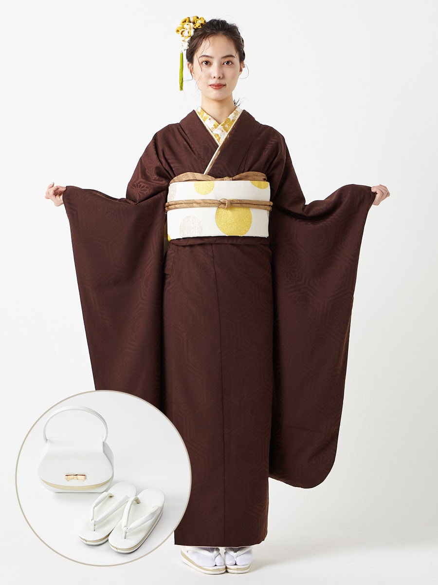 レンタル振袖【F2717】 華亀甲・ブラウン|ホワイト