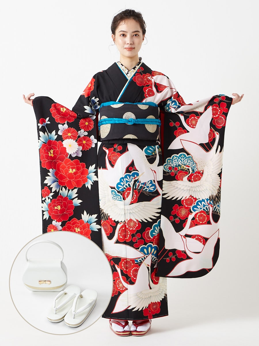 レンタル振袖【F1711】 鶴と牡丹|ホワイト