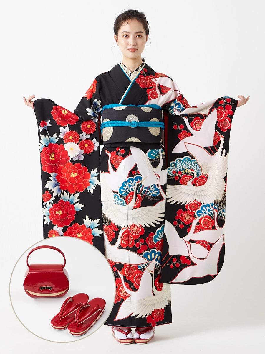 レンタル振袖【F1711】 鶴と牡丹|レッド