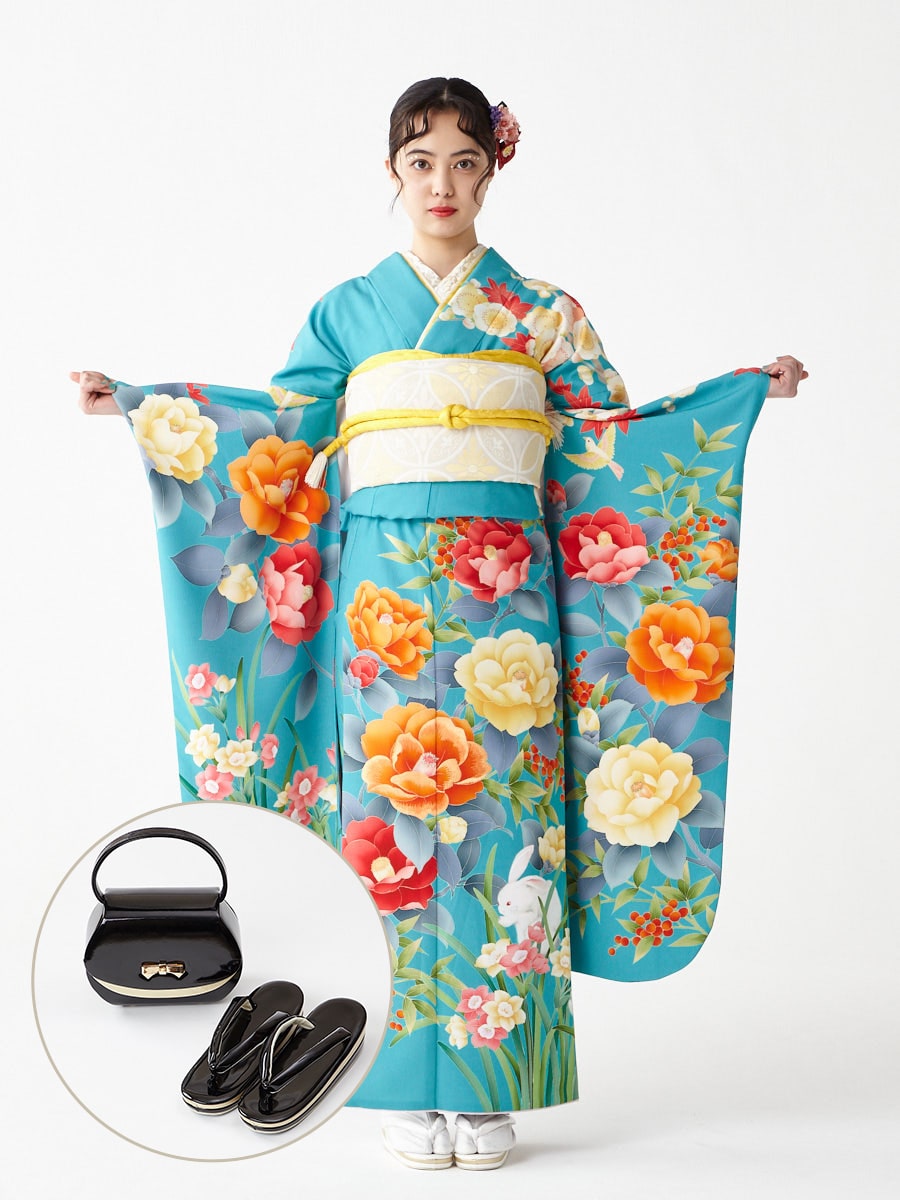 レンタル振袖【F1701】 かくれんぼ兎|ブラック