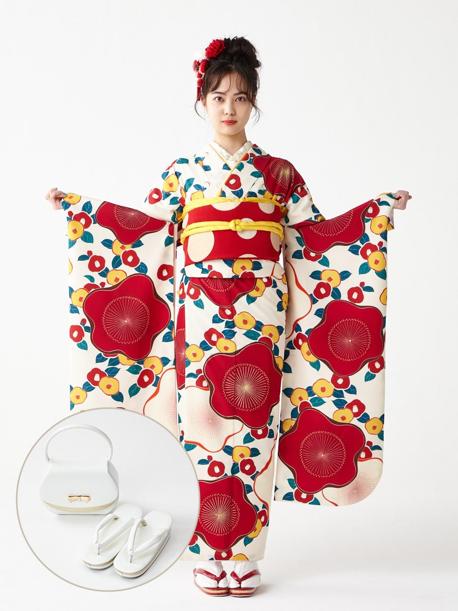 レンタル振袖【F1704】 大梅に椿|ホワイト