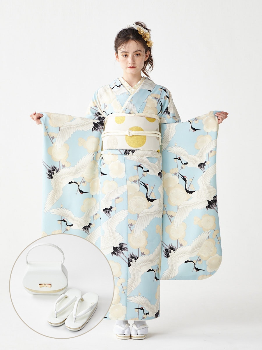 レンタル振袖【F2704】 梅鶴|ホワイト