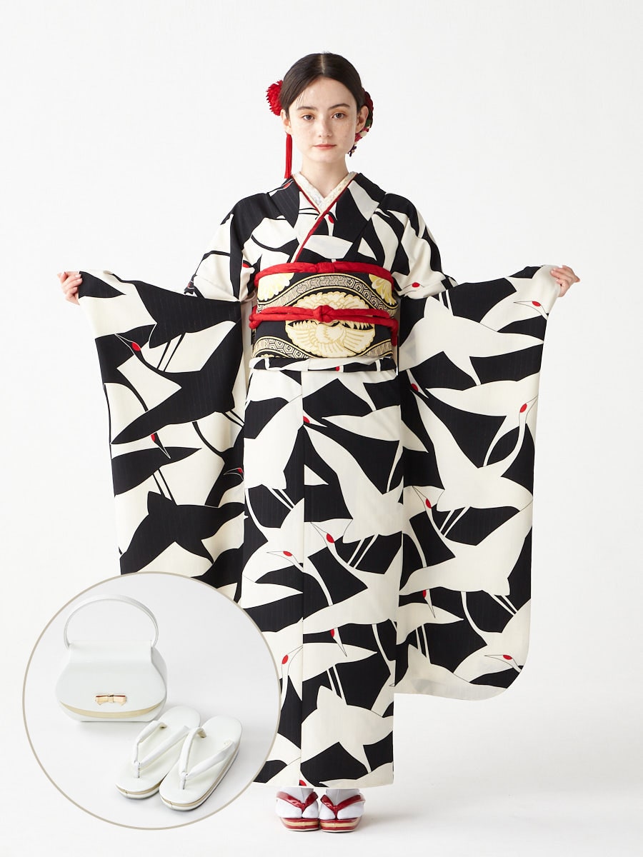 レンタル振袖【F2706】 シルエット鶴|ホワイト