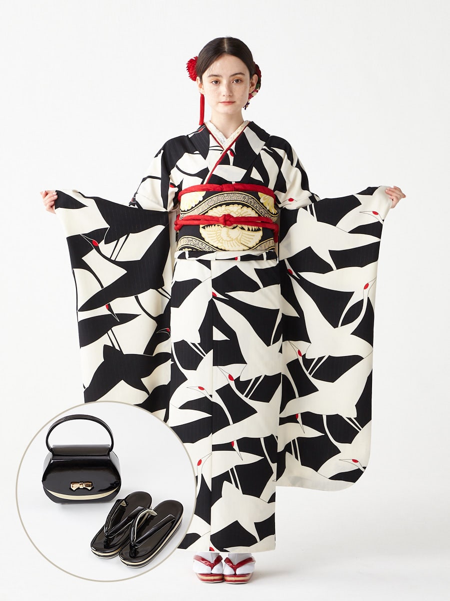 レンタル振袖【F2706】 シルエット鶴|ブラック