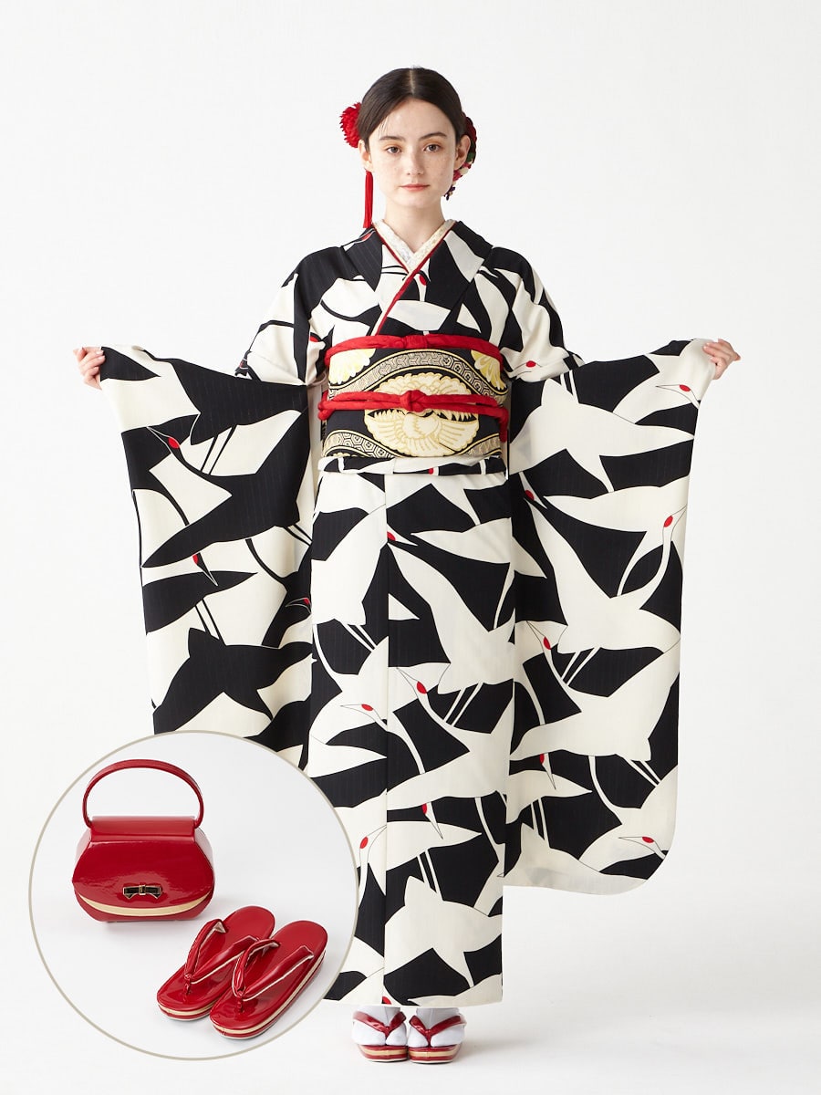 レンタル振袖【F2706】 シルエット鶴|レッド