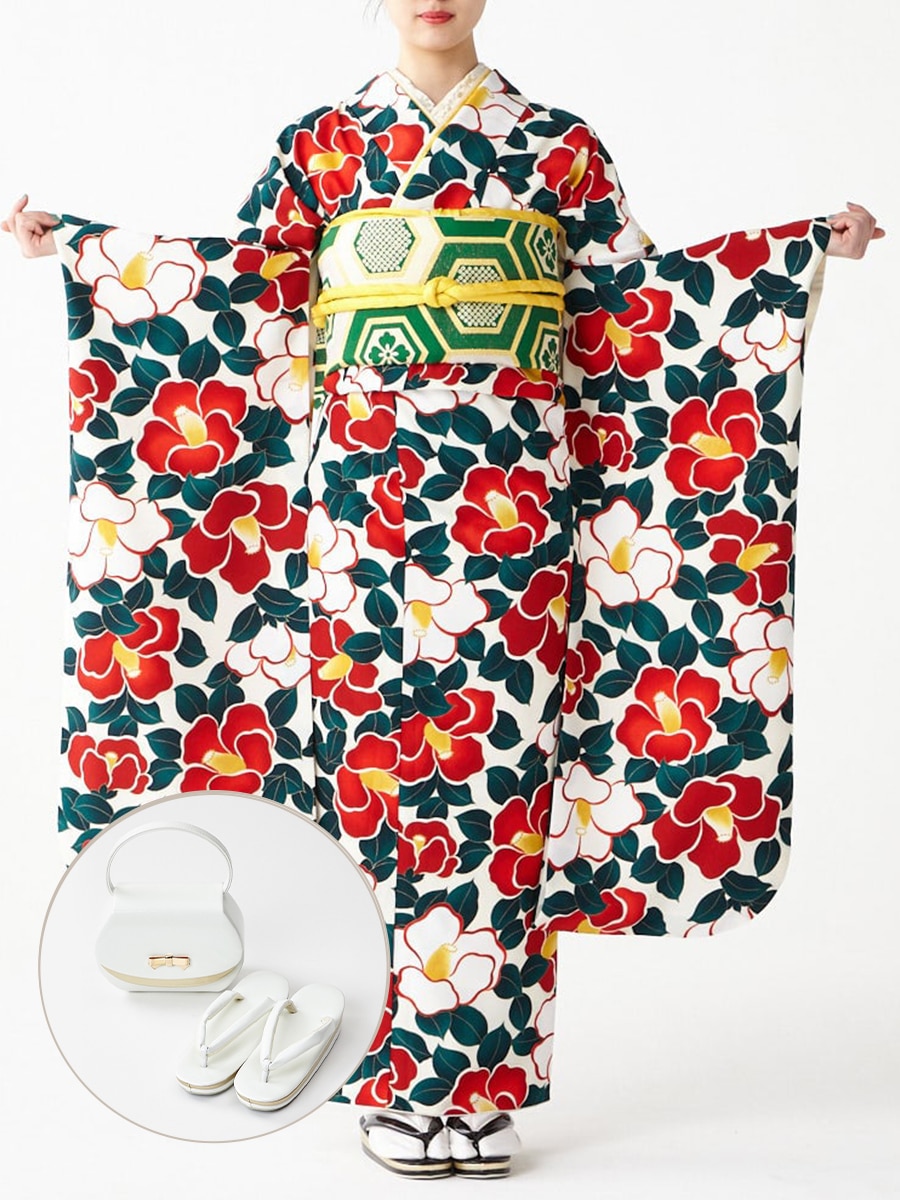 レンタル振袖【F2708】 レトロ椿|ホワイト