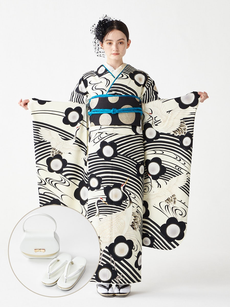 レンタル振袖【F1707】 吉祥梅鶴|ホワイト