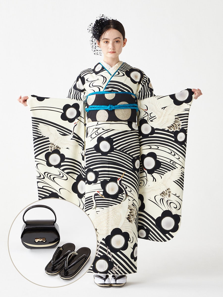 レンタル振袖【F1707】 吉祥梅鶴|ブラック