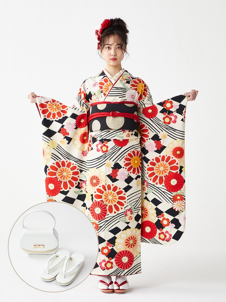 レンタル振袖【F1703】 フラッグ菊|ホワイト