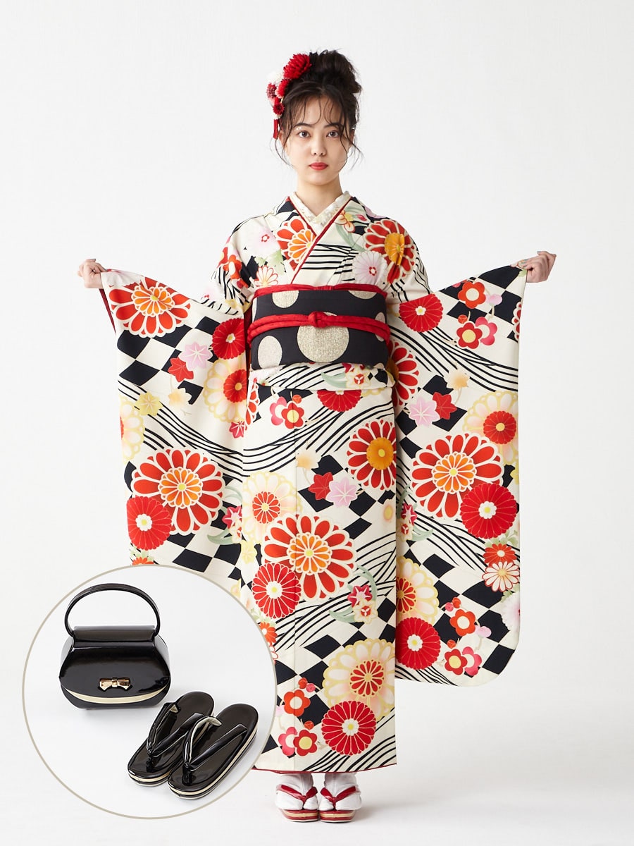 レンタル振袖【F1703】 フラッグ菊|ブラック