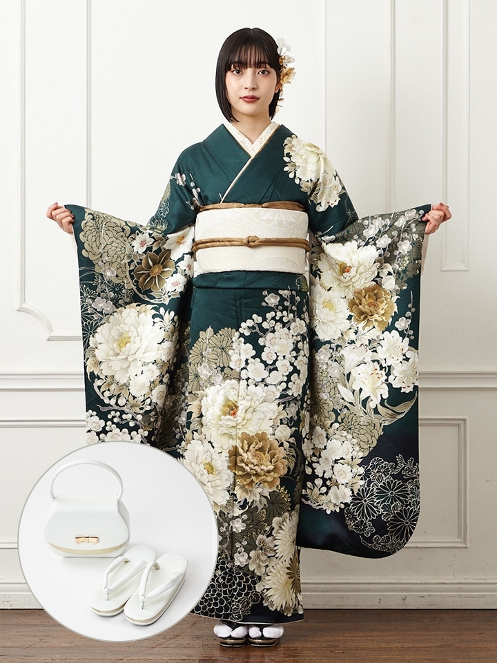 レンタル振袖【F5801】 菊に牡丹|ホワイト