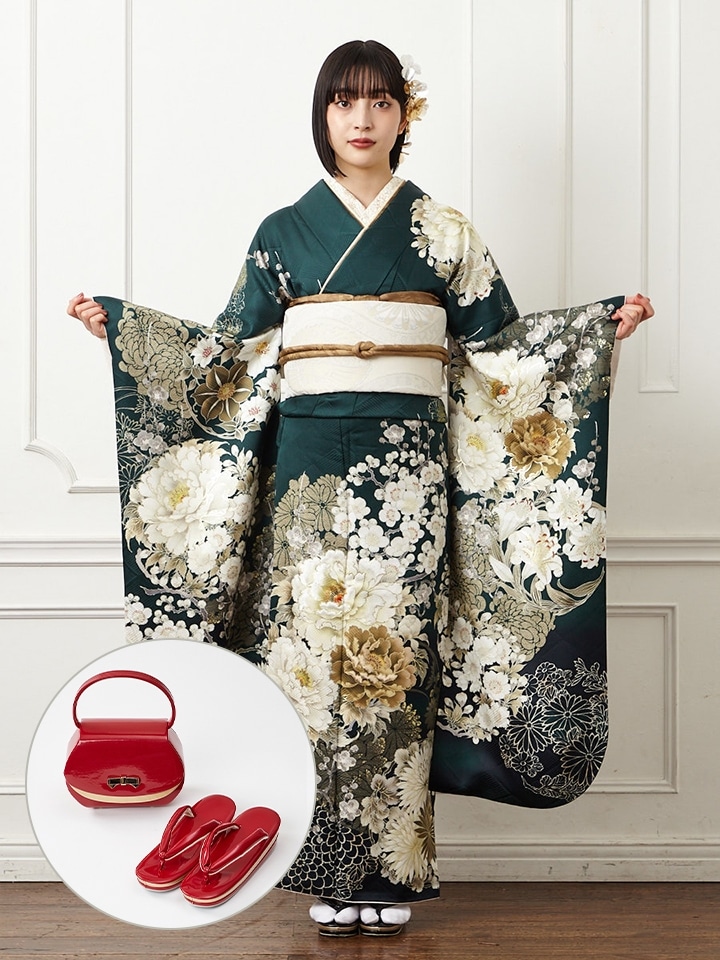 レンタル振袖【F5801】 菊に牡丹|レッド