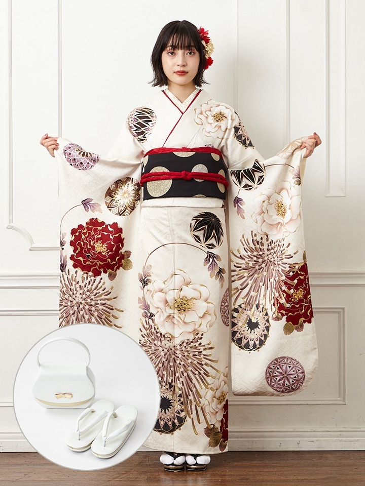 レンタル振袖【F5803】  鞠に乱菊|ホワイト