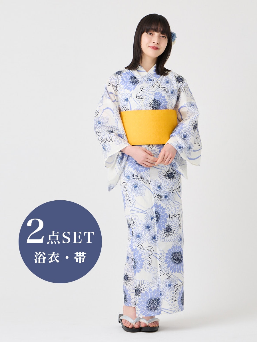 【WEB限定】浴衣2点セット（二部式浴衣 「 流水菊」+ 作り帯「花七宝」）|ホワイト