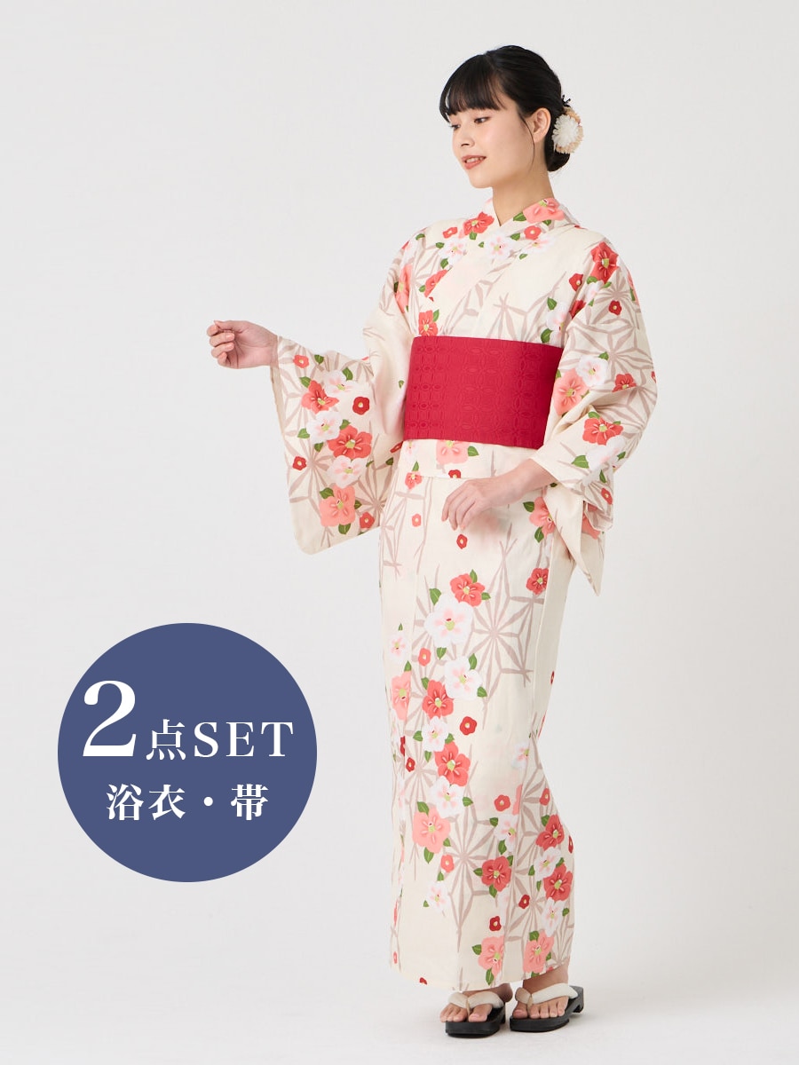 【WEB限定】浴衣2点セット（二部式浴衣 「 麻の葉つばき」+ 作り帯「花七宝」）|オフホワイト