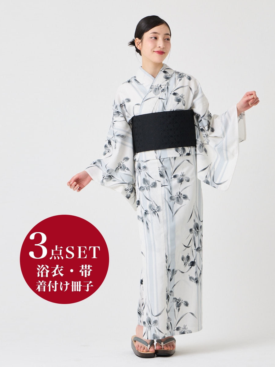 【WEB限定】浴衣3点セット（浴衣「NaturalFurifu・あやめストライプ」+ 半巾帯「花七宝」+着付け冊子）|オフホワイト