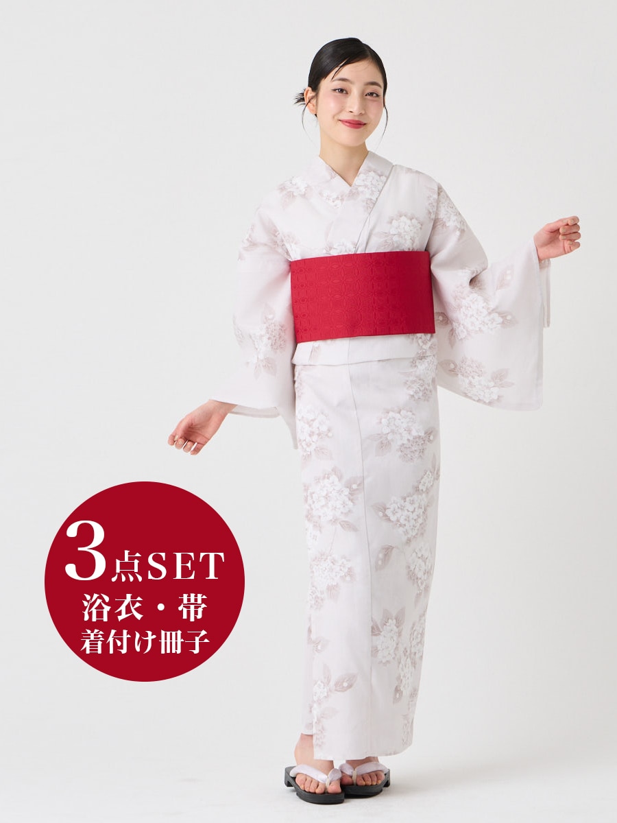 【WEB限定】浴衣3点セット（浴衣「NaturalFurifu・あじさいパール」+ 半巾帯「花七宝」+着付け冊子）|ピンクベージュ