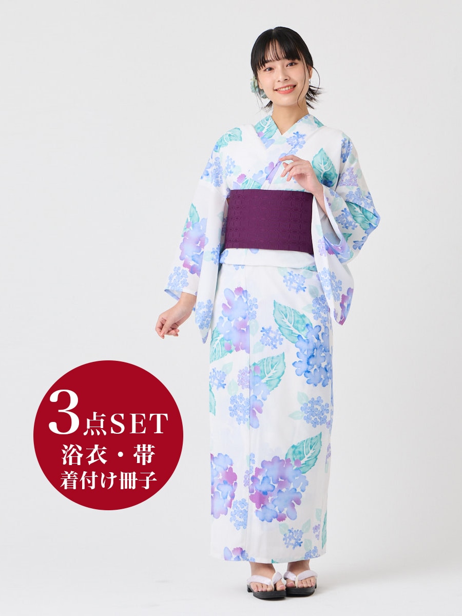 【WEB限定】浴衣3点セット（浴衣「ハナウタ・紫陽花」+ 半巾帯「花七宝」+着付け冊子）|オフホワイト