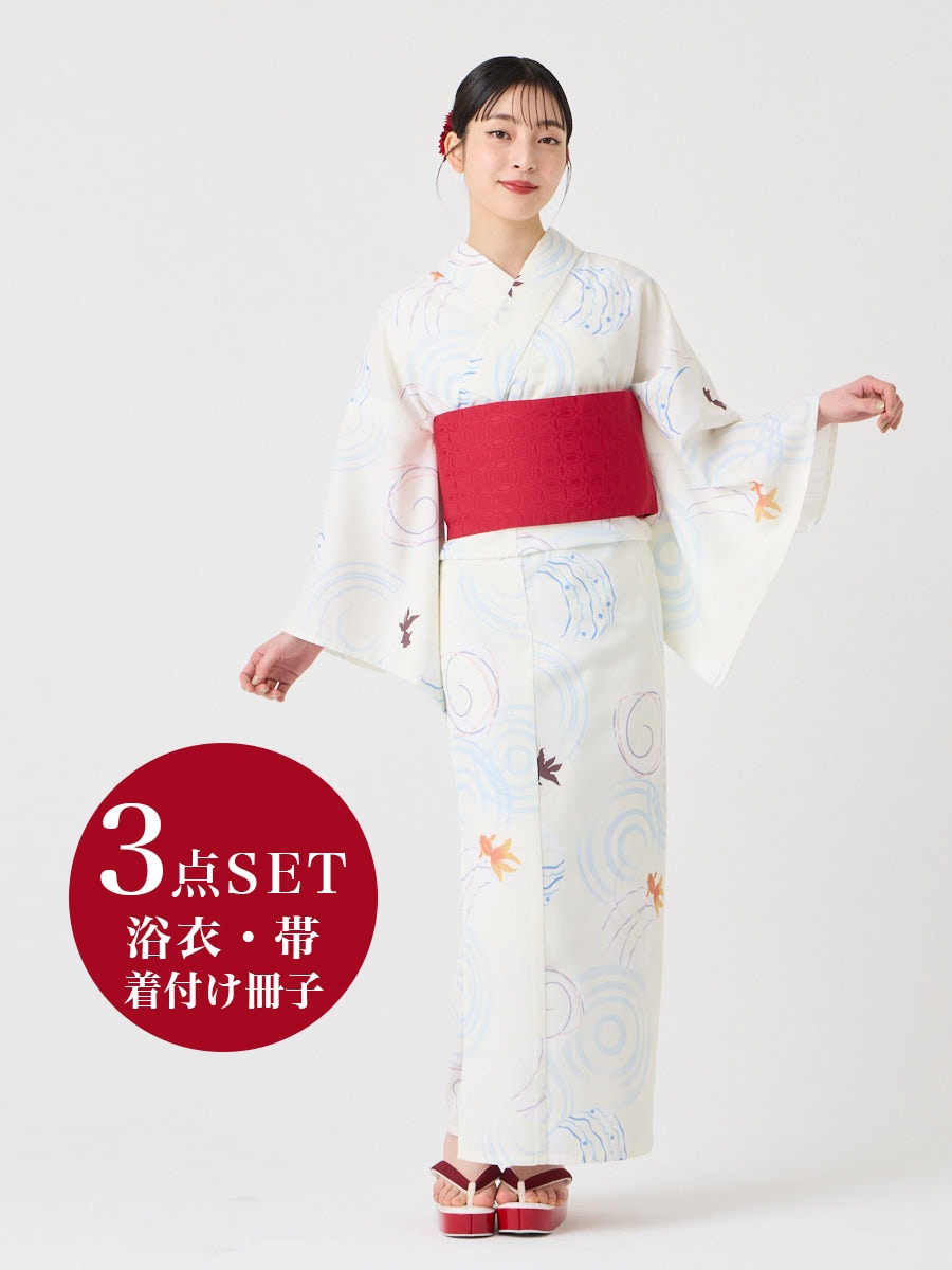 【WEB限定】浴衣3点セット（浴衣「ハナウタ・金魚と風船」+ 半巾帯「花七宝」+着付け冊子）|オフホワイト