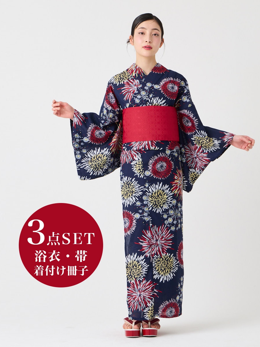 【WEB限定】浴衣3点セット（浴衣「ハナウタ・夏空花火」+ 半巾帯「花七宝」+着付け冊子）|ネイビー