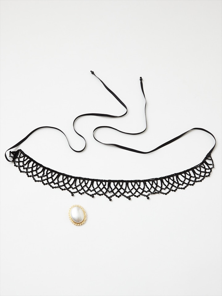 【WEB限定】レースパール帯リボン×パール帯留小物セット|ブラック