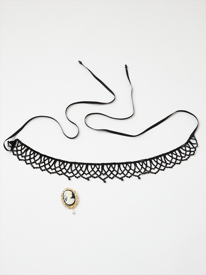 【WEB限定】レースパール帯リボン×カメオ帯留小物セット|ブラック