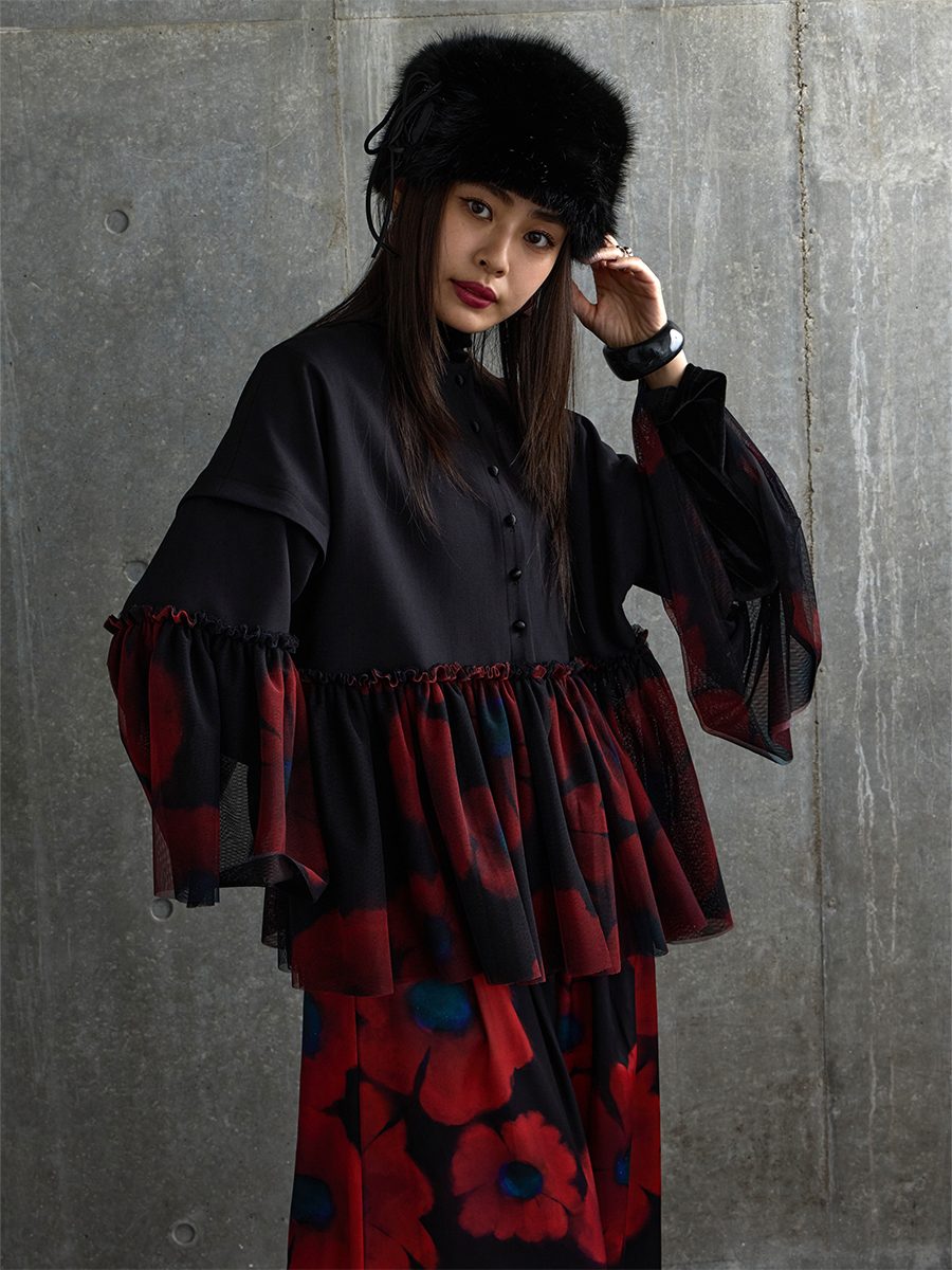 Composition 小紋 ヘリンボーン 花柄 赤黒 ROUGE NOIR コレクション｜ふりふ