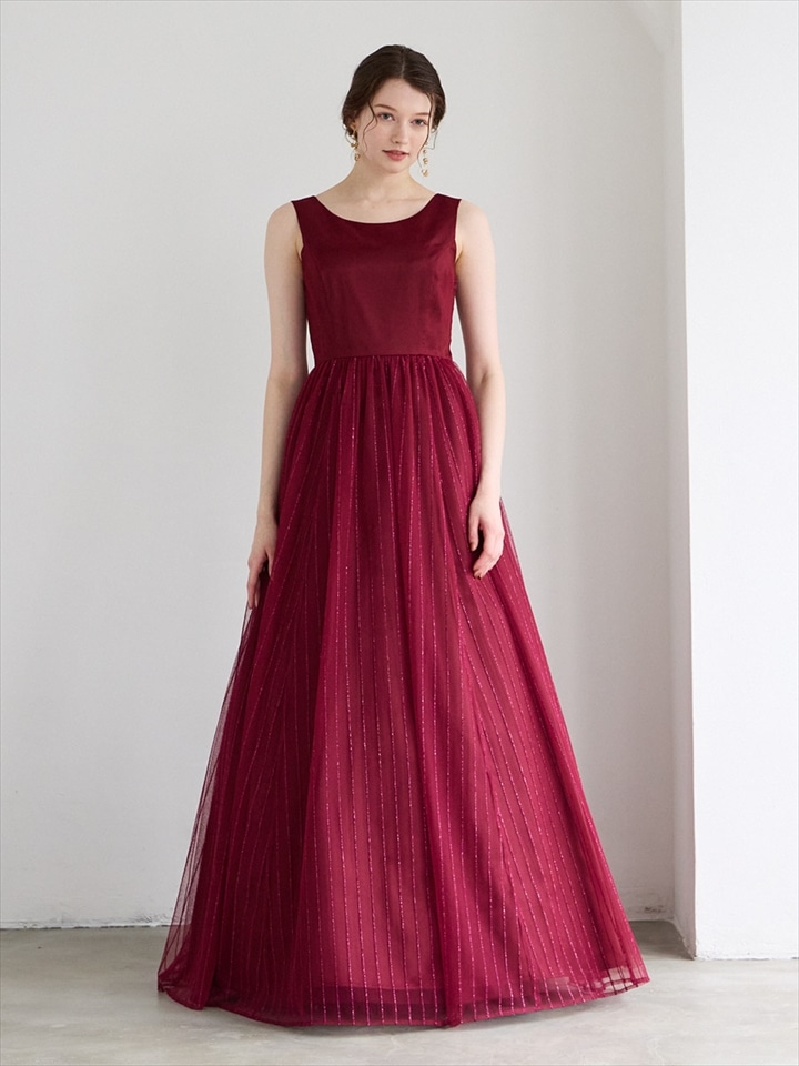 【WEB限定】ストライプ柄ラメ刺繍チュールロングドレス|ワイン
