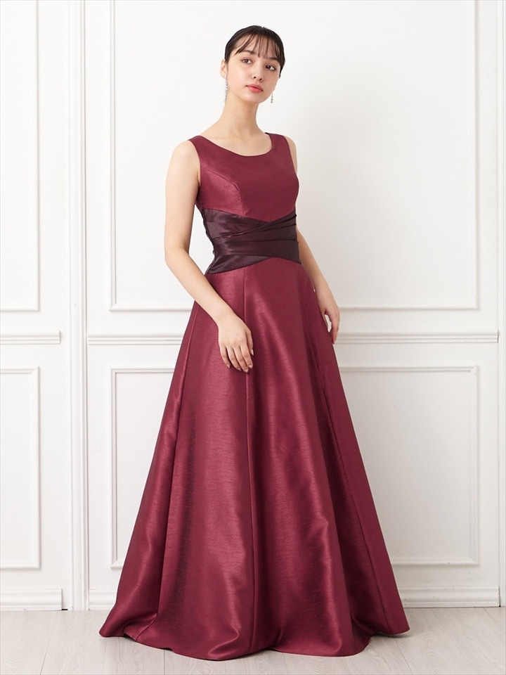 【WEB限定】シャンタンカラーロングドレス|ワイン
