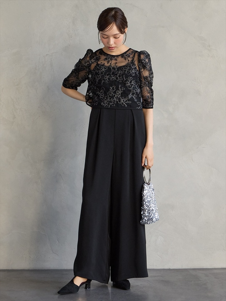 フラワーモチーフラメ刺繍ブラウス×ツイルキャミソールオールインワン2点セットドレス|ブラック