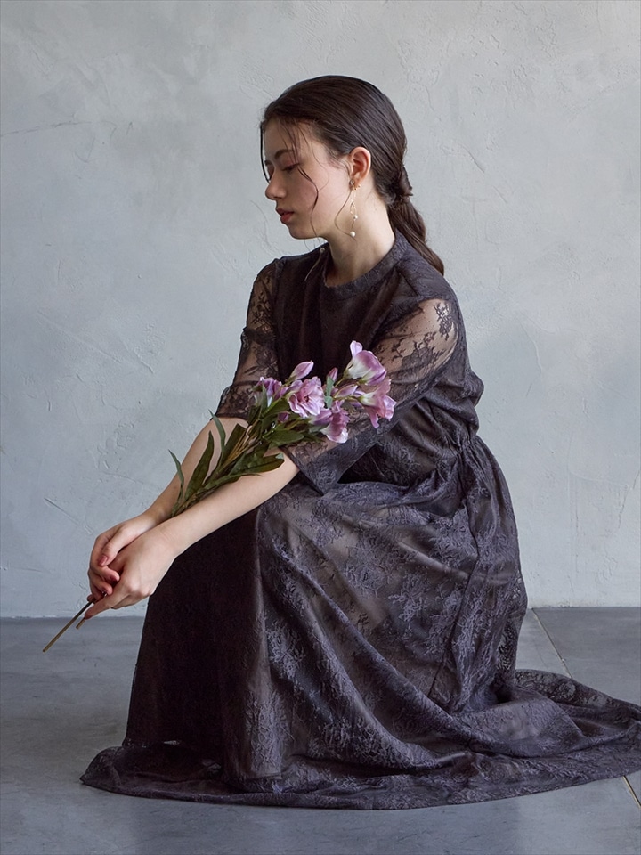 【WEB限定】プチハイネック5分袖レースドレス|ブラウン