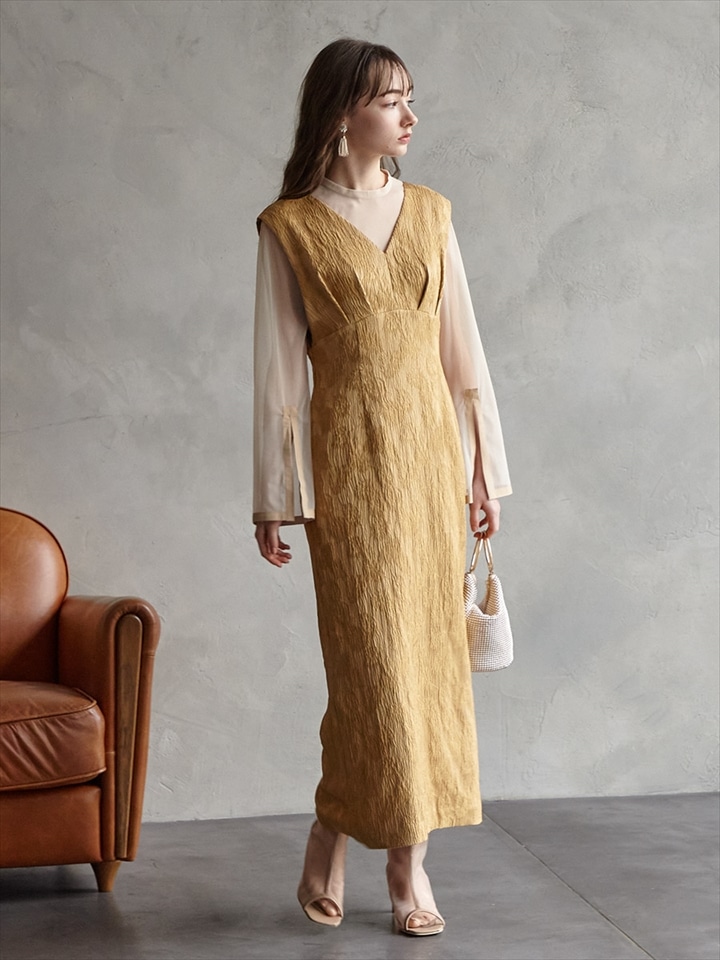 チュールブラウス付きジャカードIラインドレス|イエローベージュ