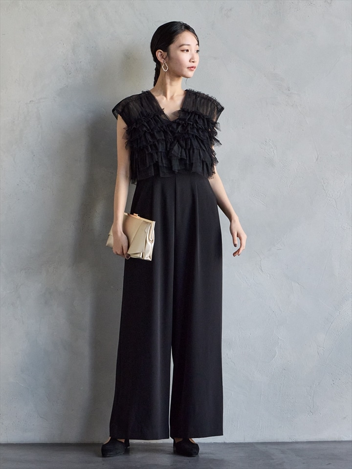 【WEB限定】チュールフリルブラウス×キャミソールオールインワンセットドレス|ブラック